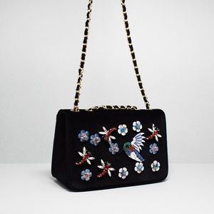 Sweet Bird and Flower Shoulder Bag - BLK